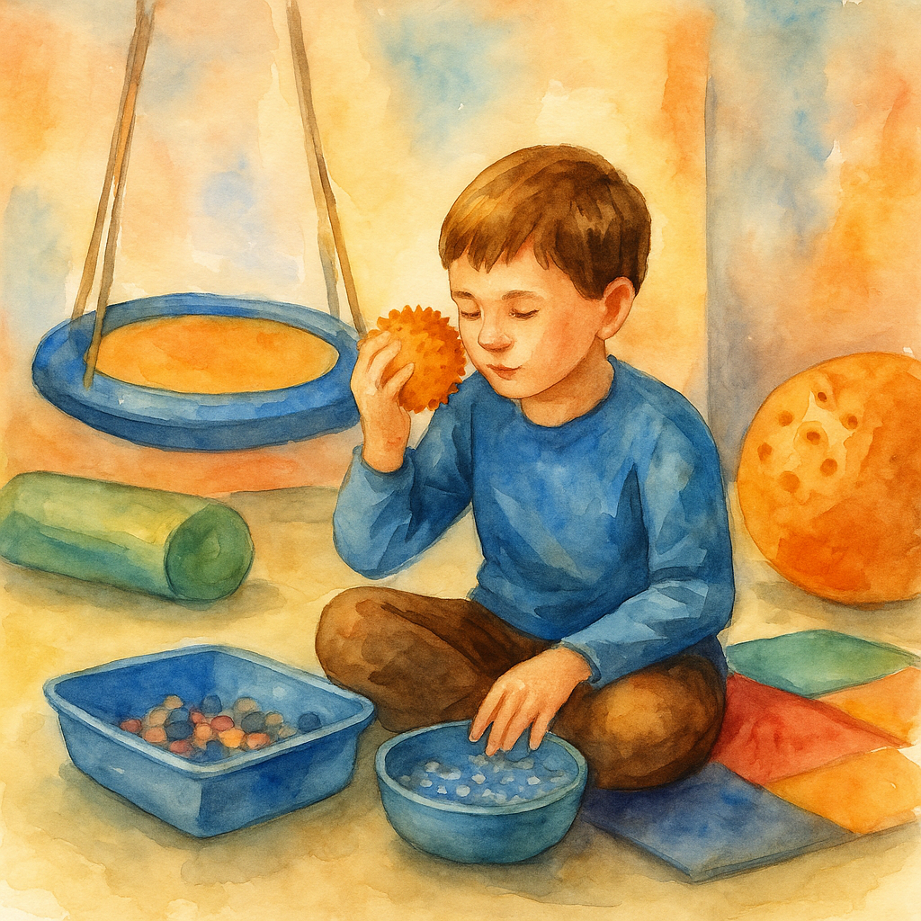 کودک دارای اختلال در یکپارچگی حسی نشسته در محیط درمانی با نور ملایم