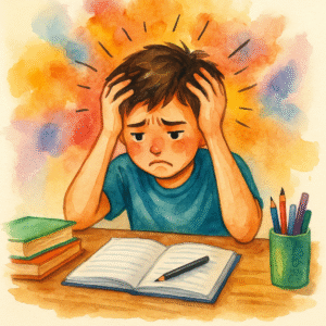 کودک دچار نقص توجه و بیش‌ فعالی (ADHD) در حال تلاش برای تمرکز روی تکلیف مدرسه