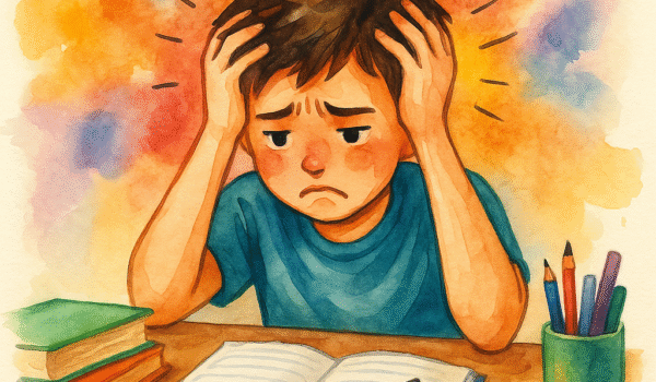 کودک دچار نقص توجه و بیش فعالی (ADHD) در حال تلاش برای تمرکز روی تکلیف مدرسه