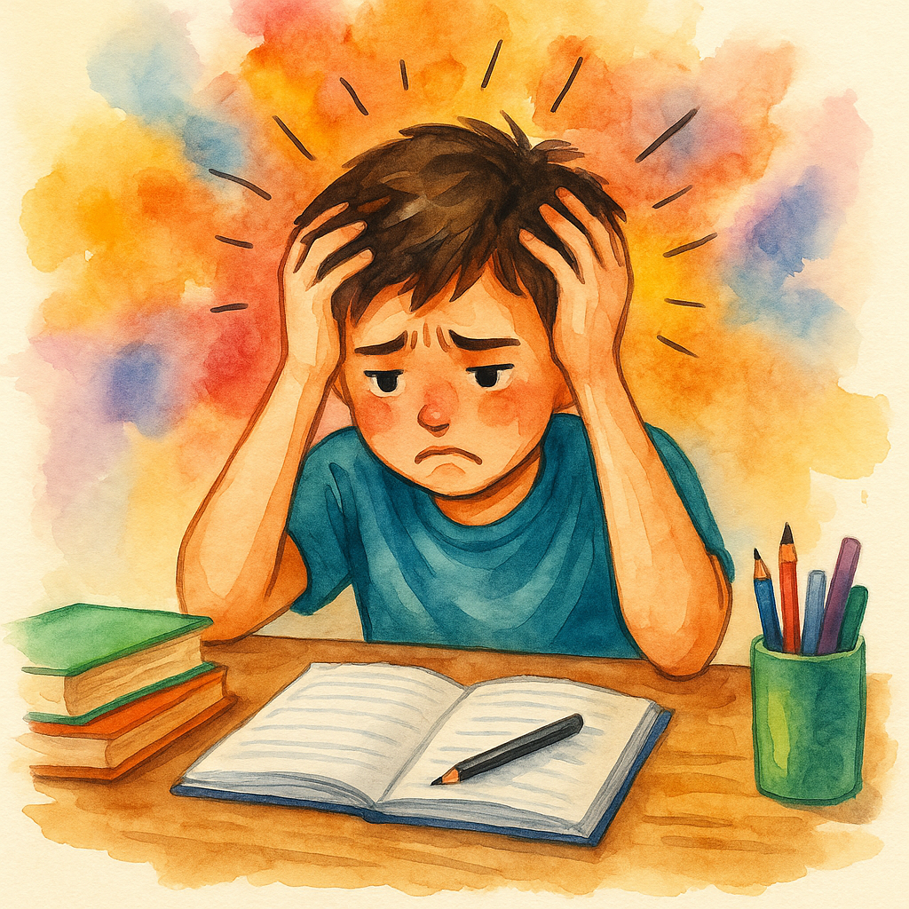 کودک دچار نقص توجه و بیش فعالی (ADHD) در حال تلاش برای تمرکز روی تکلیف مدرسه