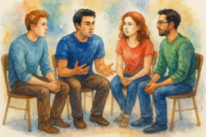 گروه درمانی لکنت با حضور جوانان و گفتاردرمانگر در فضای حمایتی