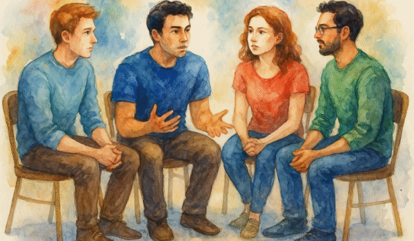 گروه درمانی لکنت با حضور جوانان و گفتاردرمانگر در فضای حمایتی