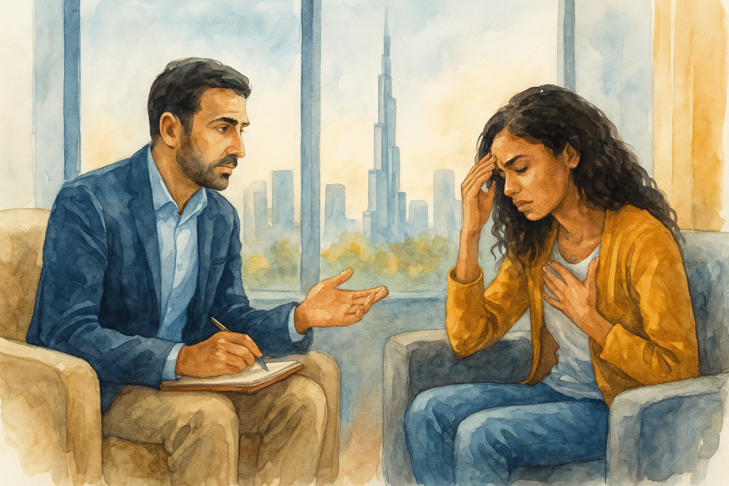 مشاوره و روانشناسی دبی / جلسه مشاوره روانشناسی بین درمانگر و مراجعهکننده در فضای آرام کلینیک با چشمانداز شهری دبی از پنجره