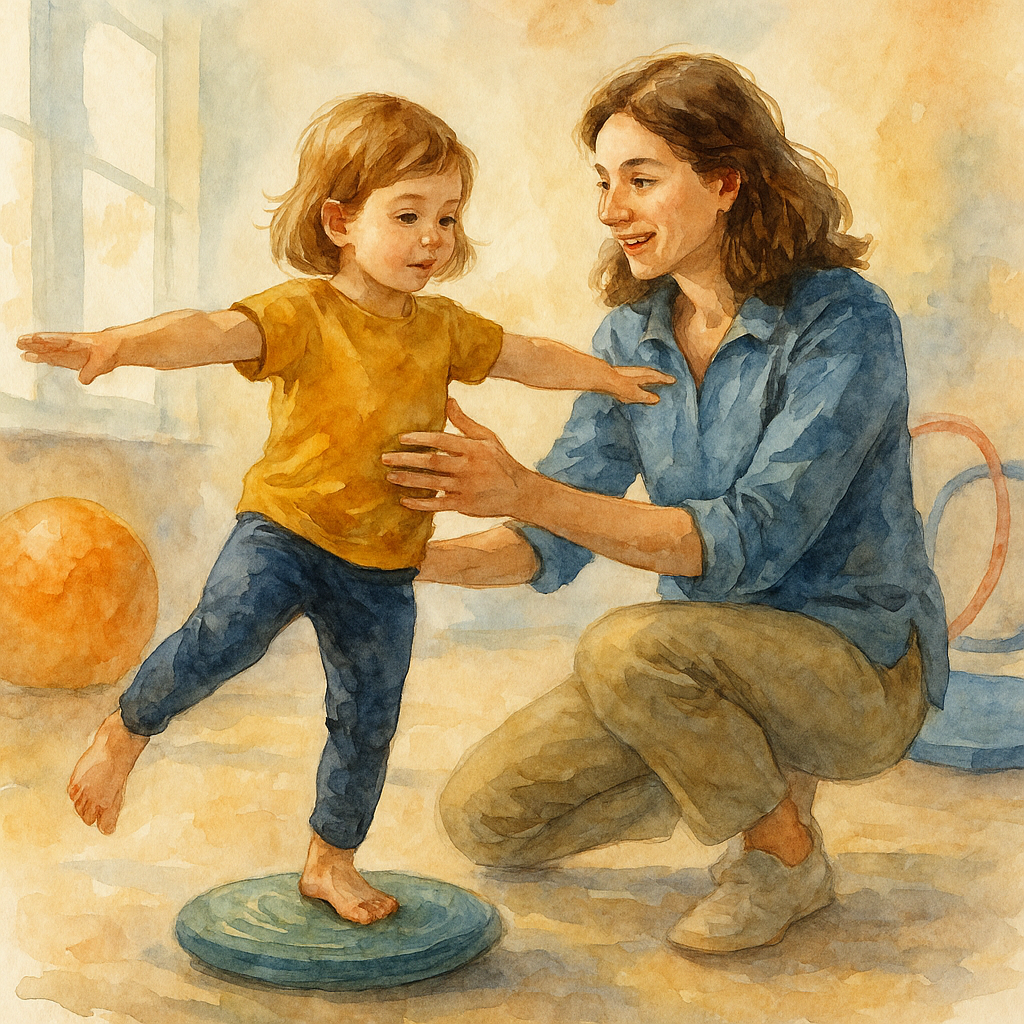 کاردرمانی امارات/ کاردرمانگر در حال انجام تمرین تعادلی با کودک چهارساله در محیط درمانی آرام و حمایتی.