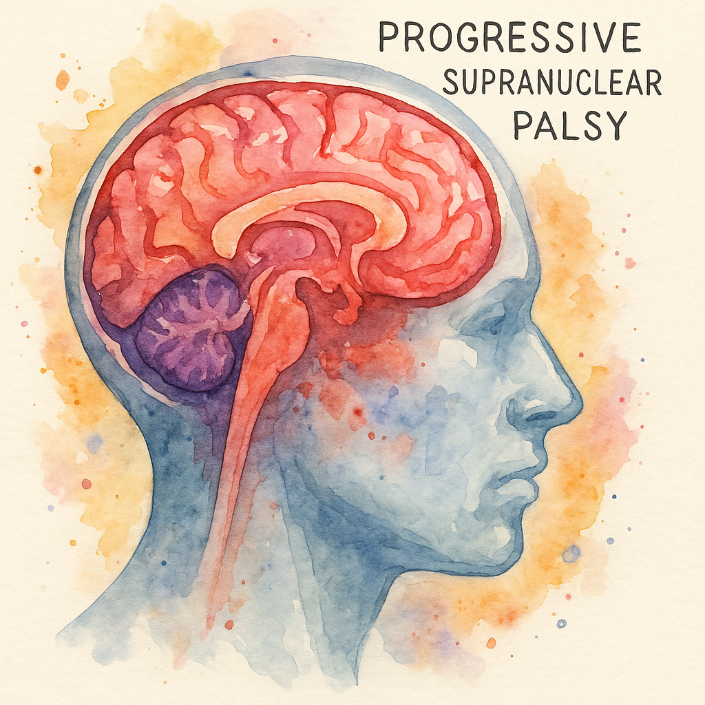 گفتاردرمانی در PSP / تصویر آبرنگی نیم‌رخ صورت با مغز و ساقه مغز رنگی، نشان‌دهنده اختلال فلج فوق‌هسته‌ای پیشرونده (PSP) با تمرکز بر گفتار و بلع