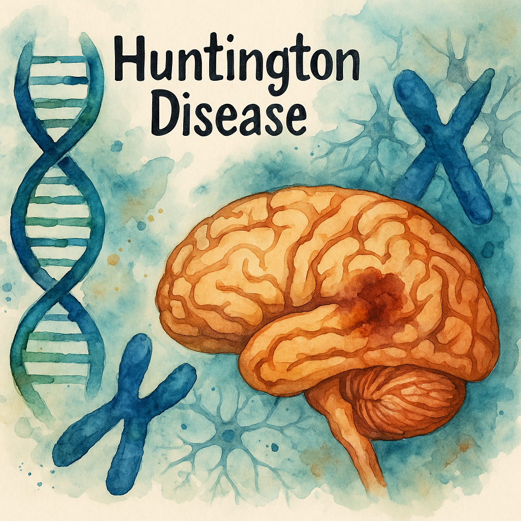 گفتاردرمانی هانتینگتون / تصویر آبرنگی با نمای مغز انسان، رشته DNA و کروموزوم با نوشته Huntington Disease؛ نمایش هنری از منشأ ژنتیکی بیماری هانتینگتون