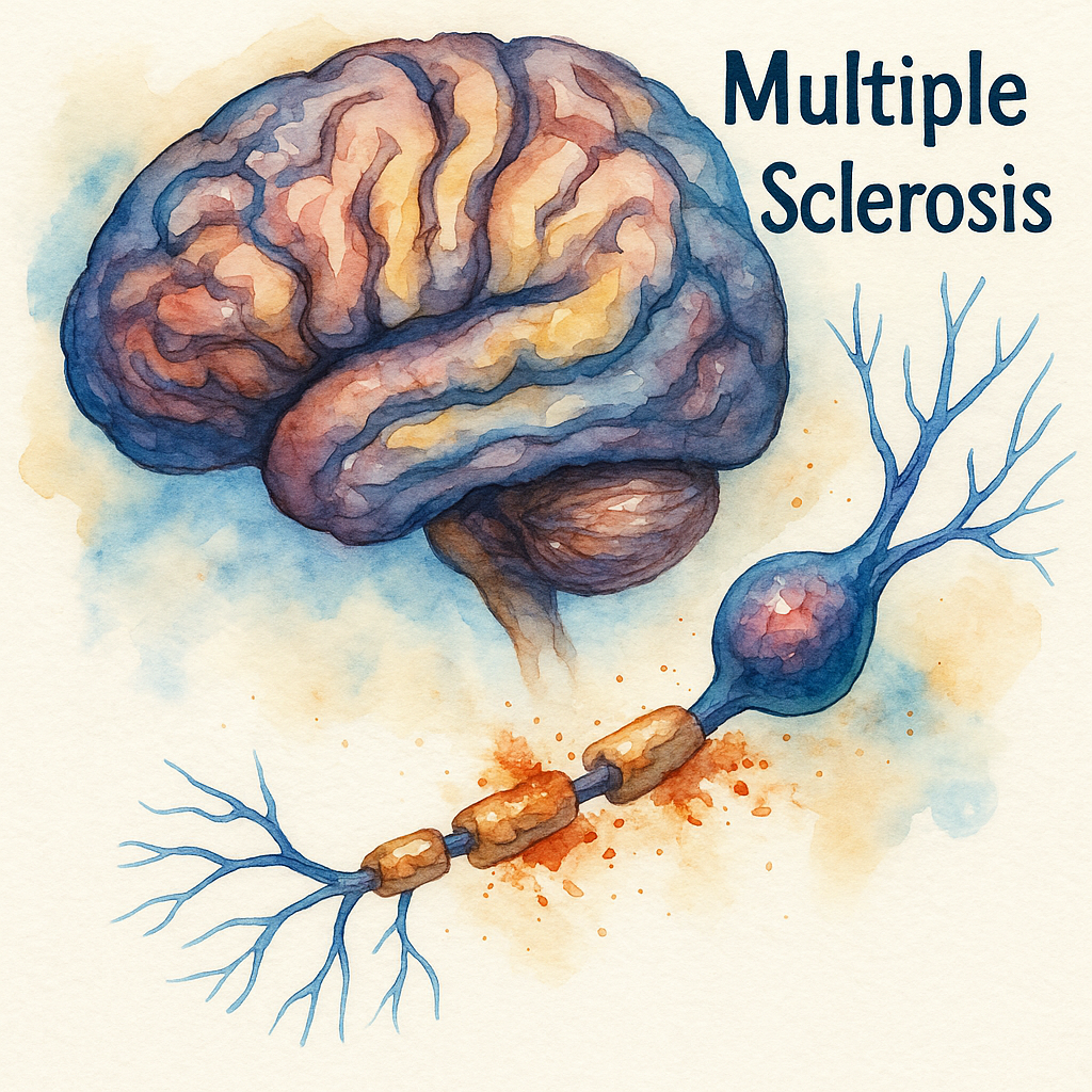 گفتاردرمانی در MS / تصویر آبرنگی از مغز و نورونهای آسیبدیده در بیماری اماس (Multiple Sclerosis)، همراه با برچسب انگلیسی بیماری