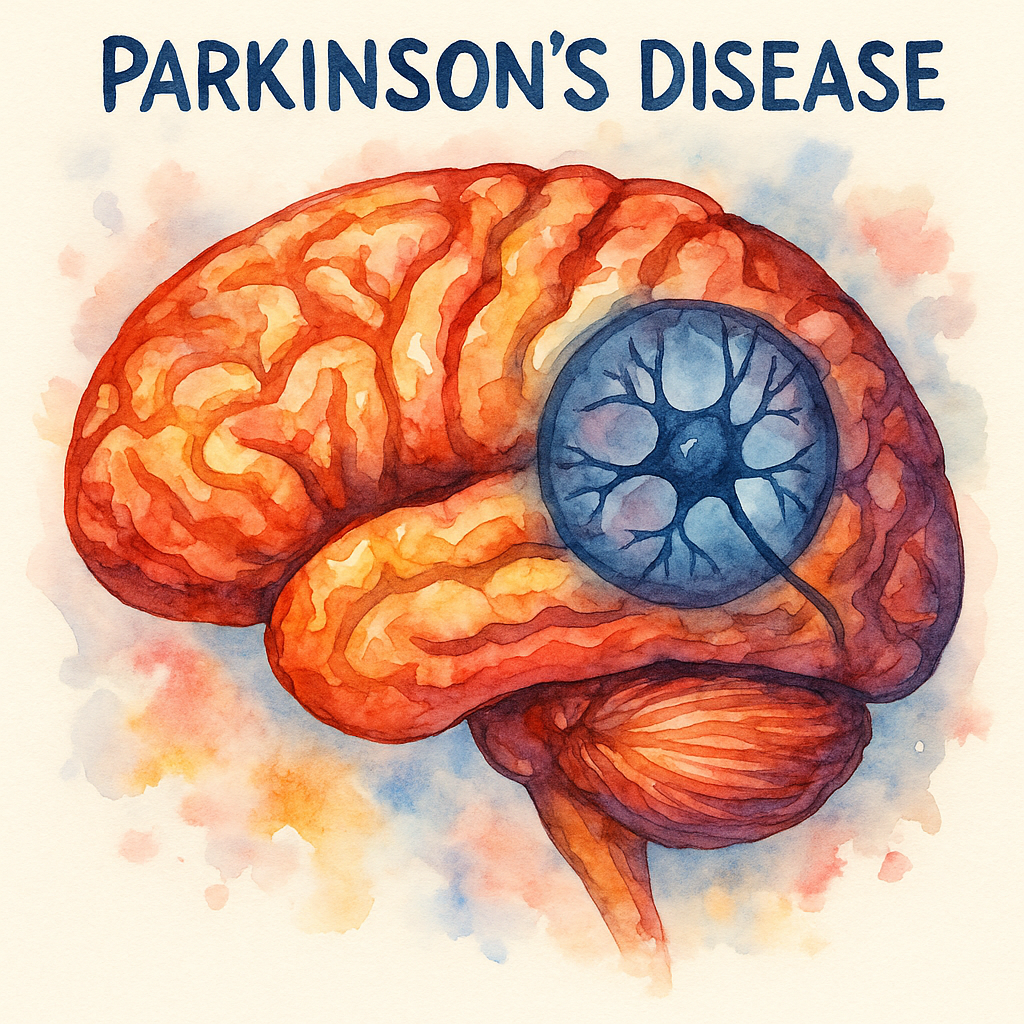 گفتاردرمانی در پارکینسون / تصویر آبرنگی از مغز انسان و نورونهای آسیبدیده در بیماری پارکینسون با تمرکز بر ساختارهای حرکتی مغز.