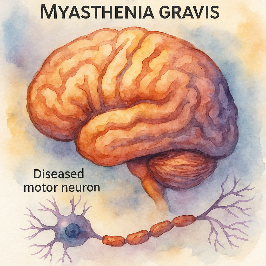 گفتاردرمانی در میاستنی گراویس / تصویر آبرنگی مغز و نورون حرکتی آسیب‌دیده در بیماری میاستنی گراویس، با برچسب انگلیسی Myasthenia Gravis
