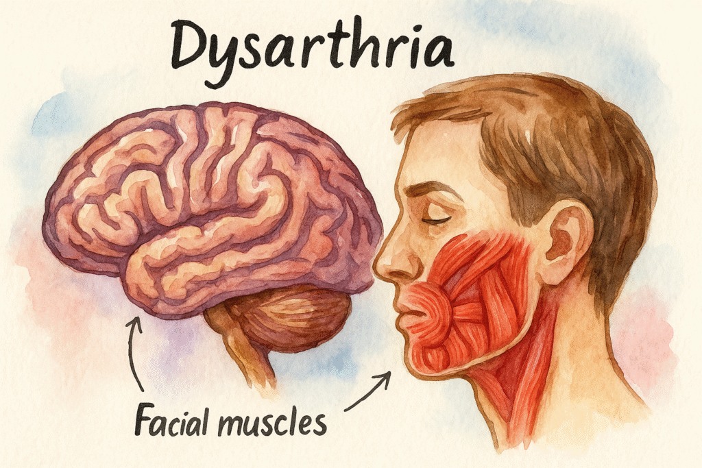 گفتاردرمانی در دیزآرتری | تصویر آبرنگی از مغز انسان و عضلات صورت درگیر در دیزآرتری؛ نشاندهنده نقش اختلالات عصبی در گفتار