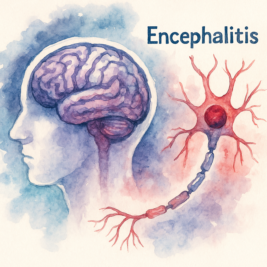 گفتاردرمانی در آنسفالیت | تصویر آبرنگی مغز انسان همراه با نورون آسیب‌دیده ناشی از التهاب مغزی