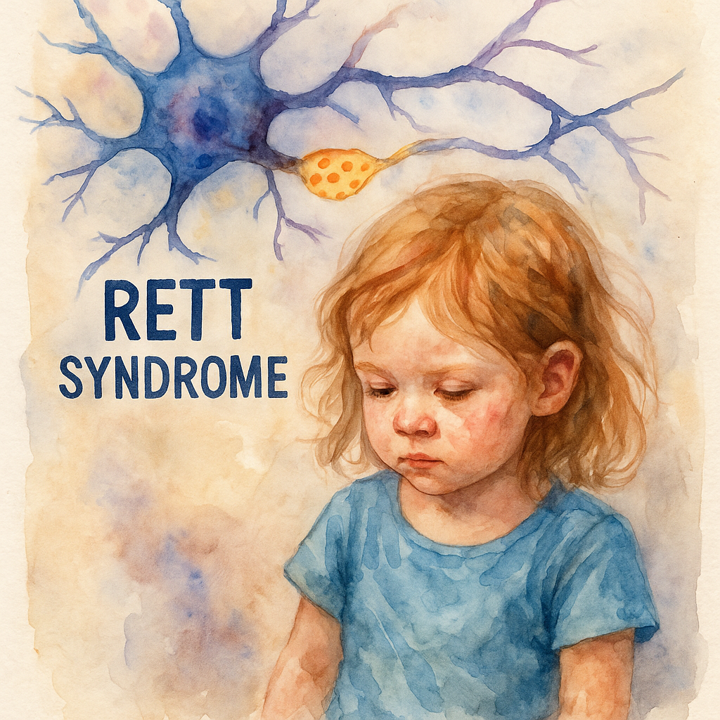 گفتاردرمانی سندرم رت | تصویر آبرنگی دختر مبتلا به سندرم رت در کنار نمایی از نورون آسیبدیده
