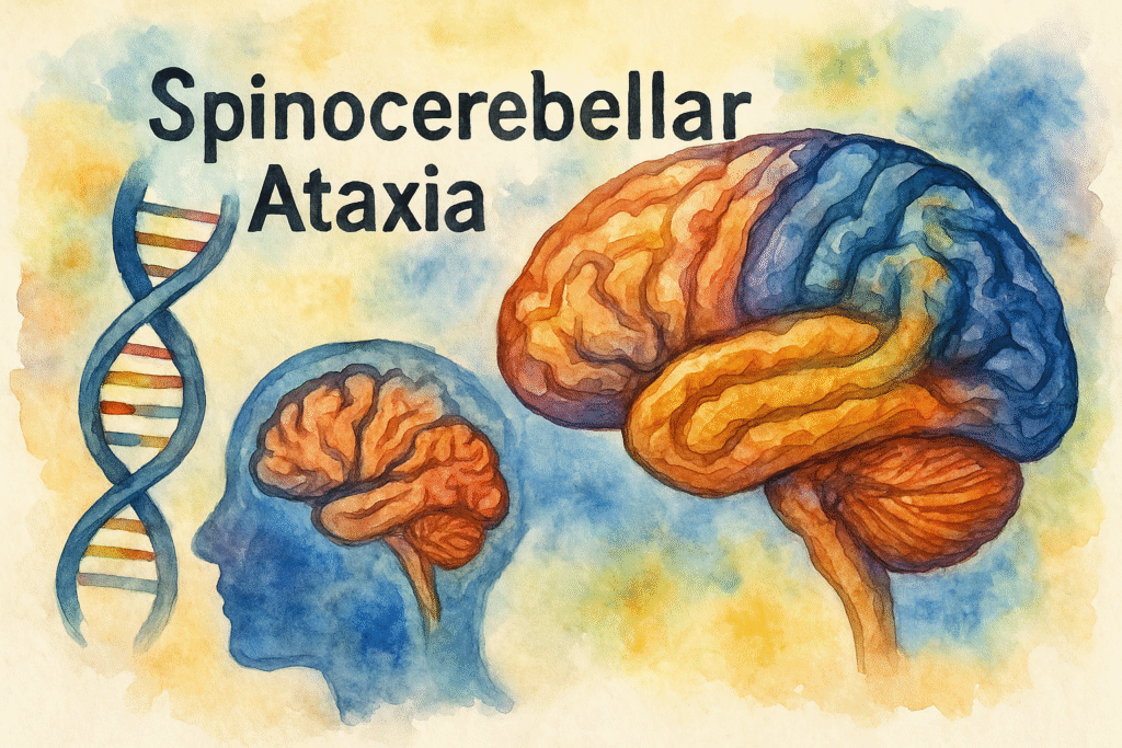 گفتاردرمانی آتاکسی مخچه ژنتیکی (SCA) تصویر آبرنگی هنری از مغز و مخچه با عنوان Spinocerebellar Ataxia؛ نمایش بصری درگیری سیستم عصبی در اختلالات گفتار و بلع