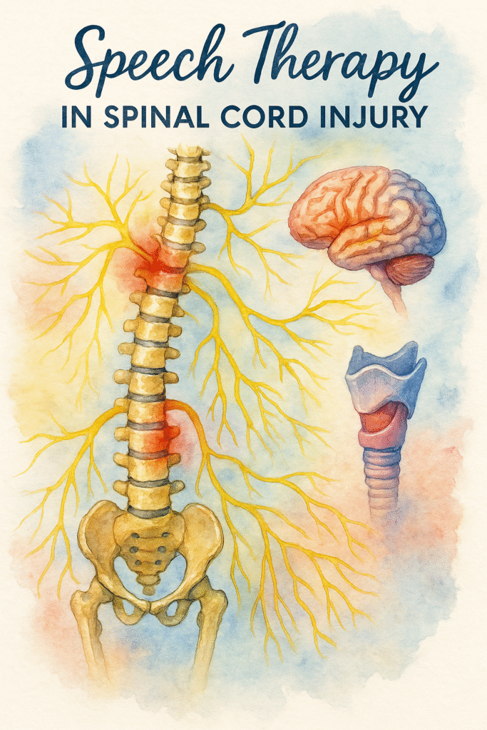 گفتاردرمانی آسیب نخاعی | تصویر آبرنگی از ستون فقرات، مغز و حنجره با نورون‌های درگیر در گفتار
