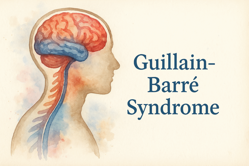 گفتاردرمانی در گیلن باره / تصویر آبرنگی با نمایش سیستم عصبی محیطی، طناب نخاعی و رشته‌های عصبی در سندرم گیلن‌باره، همراه با عنوان انگلیسی Guillain-Barré Syndrome