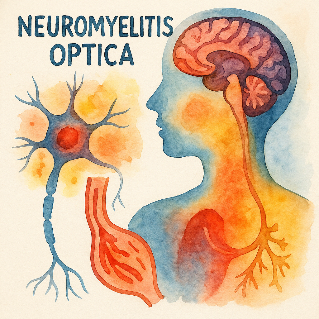 گفتاردرمانی در نورومیلیت اپتیکا | تصویر آبرنگی نمای نیم‌رخ مغز، التهاب نورون و مسیر بلع در بیماران NMO