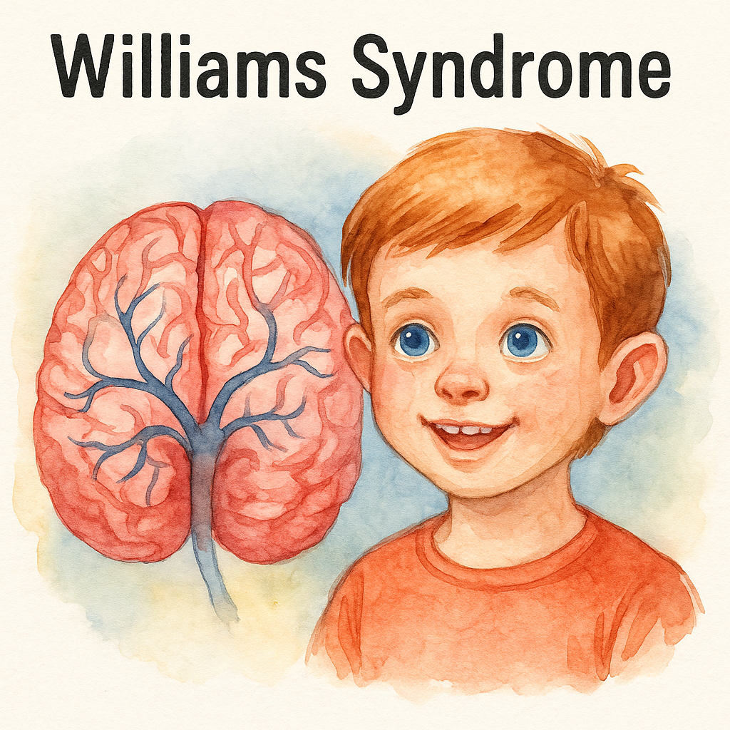 گفتاردرمانی در سندرم ویلیامز | تصویر آبرنگی از مغز کودک مبتلا با تأکید بر لوبهای گیجگاهی و آهیانهای درگیر در زبان و شناخت
