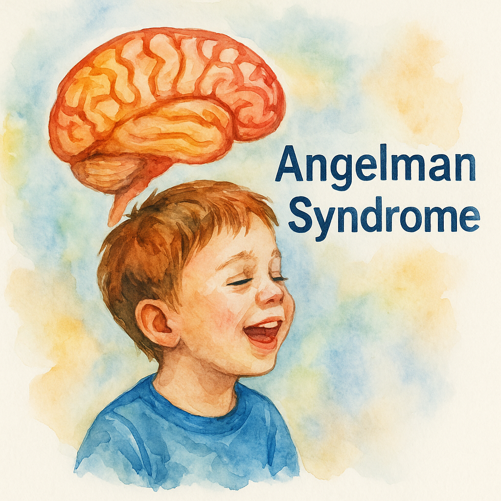 گفتاردرمانی در سندرم آنجلمن | تصویر آبرنگی مغز و کودک خندان با ویژگیهای کلاسیک Angelman Syndrome