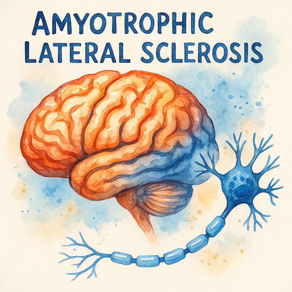 گفتاردرمانی در ALS / تصویر آبرنگی از مغز انسان و نورون‌های حرکتی درگیر در بیماری ALS؛ نمایش هنری از تحلیل عصبی در اسکلروز جانبی آمیوتروفیک
