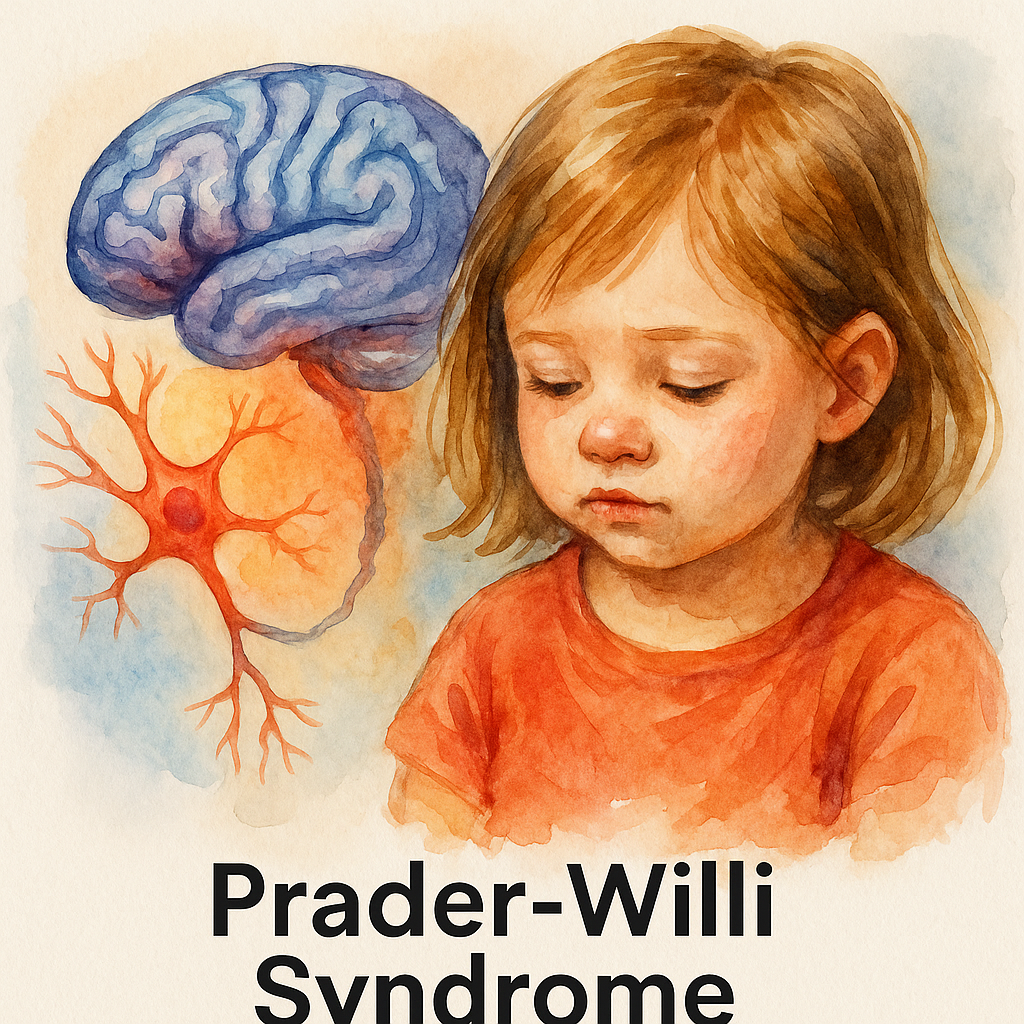 گفتاردرمانی در سندرم پرادر-ویلی | نقاشی آبرنگی از مغز و چهره کودک دارای ویژگی‌های PWS