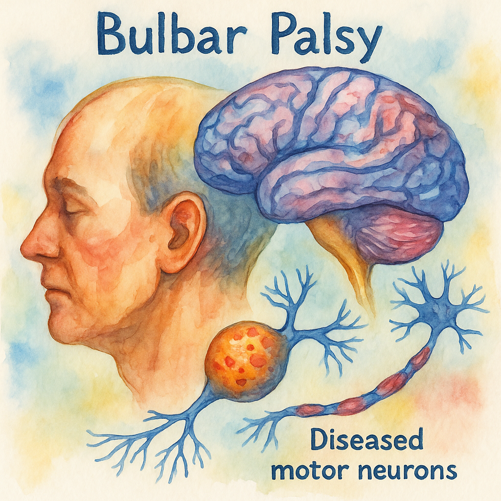 گفتاردرمانی در Bulbar Palsy / تصویر آبرنگی پزشکی از مغز انسان و نورون‌های حرکتی بیمار در فلج بولبار (Bulbar Palsy)، همراه با نمایش ساختار جانبی سر و اعصاب تحلیل‌رفته.