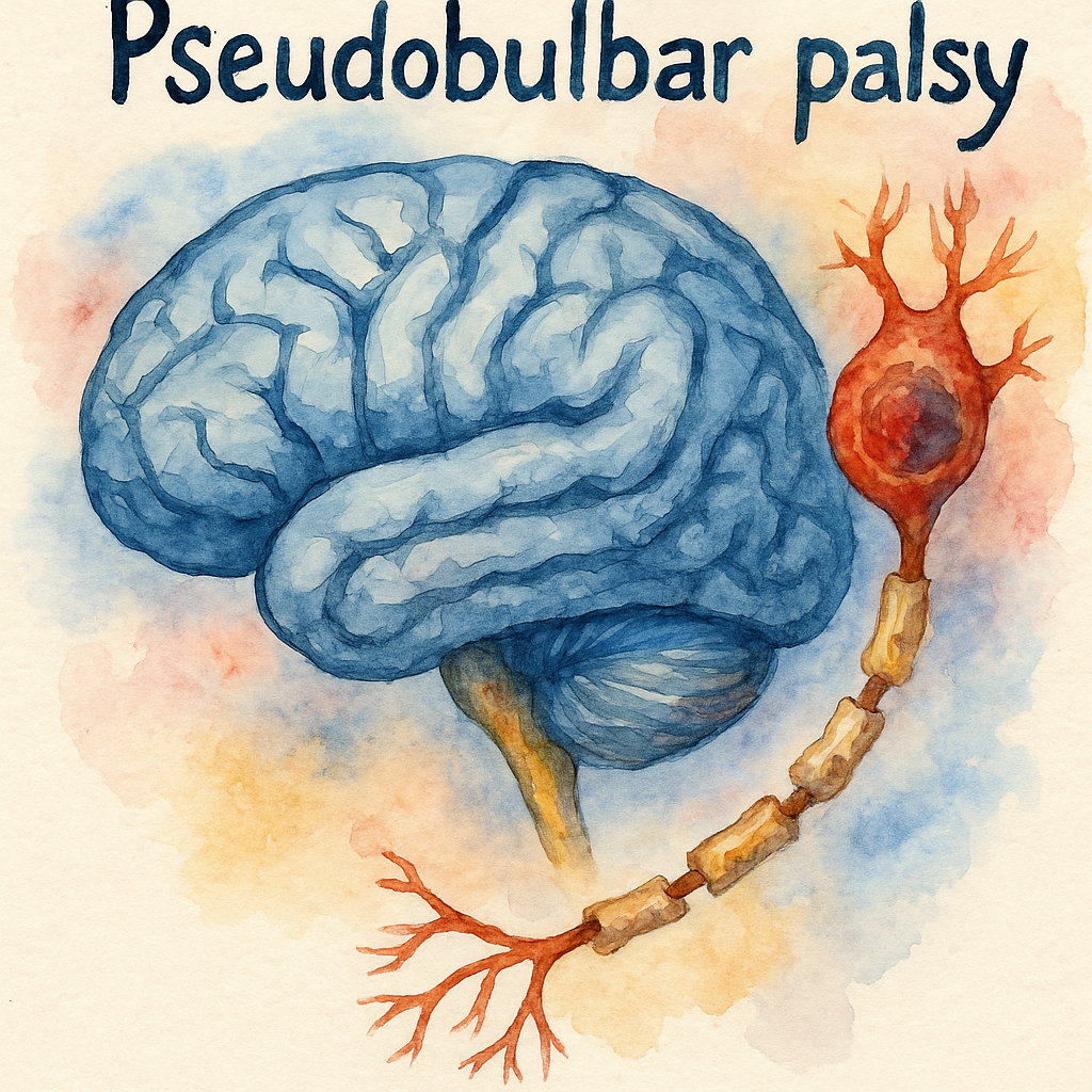 گفتاردرمانی در Pseudobulbar | تصویر آبرنگی از مغز انسان و مسیر عصبی آسیبدیده در فلج شبهبولبار (Pseudobulbar Palsy)، با نمایش هنری نورون و رنگهای قرمز و آبی.