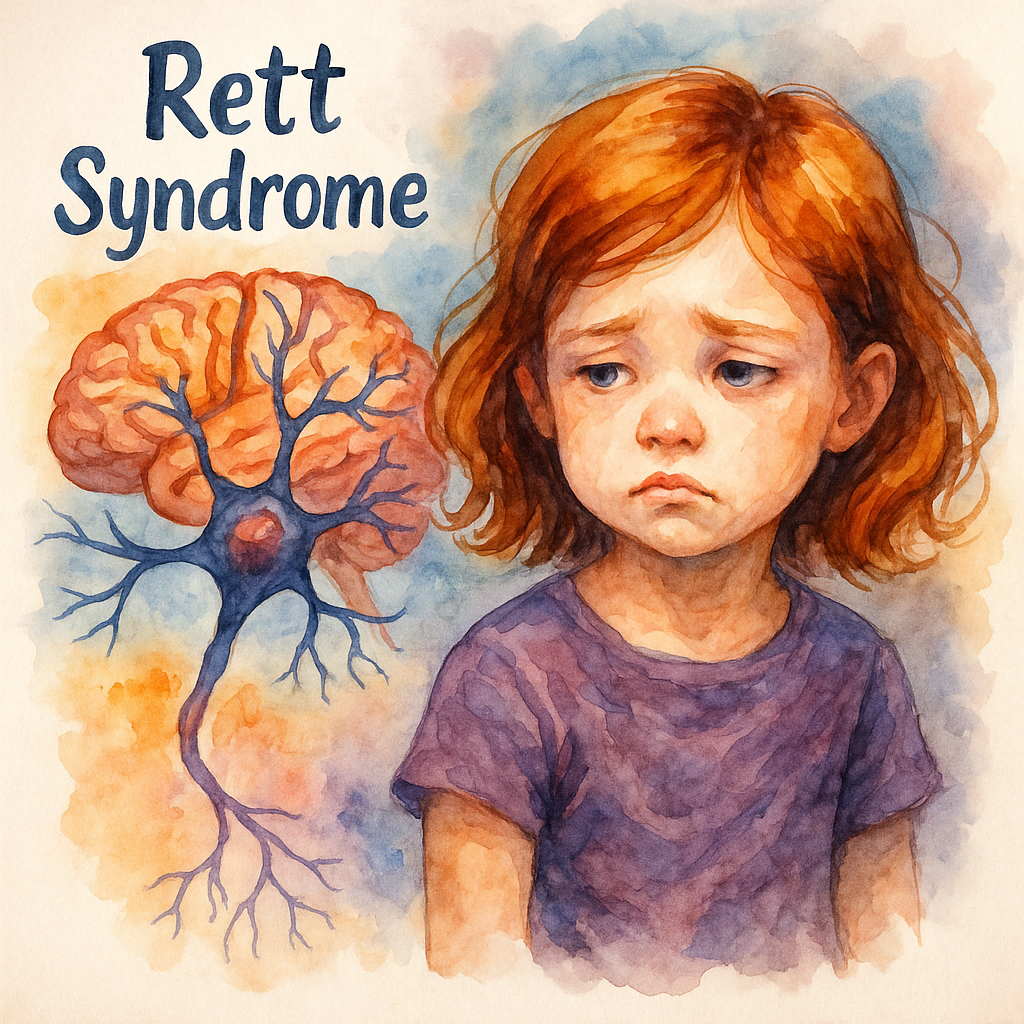 گفتاردرمانی در سندرم رت در نوجوانان | نقاشی آبرنگی از دختر نوجوان با ویژگی‌های سندرم رت و نمای مغز درگیر
