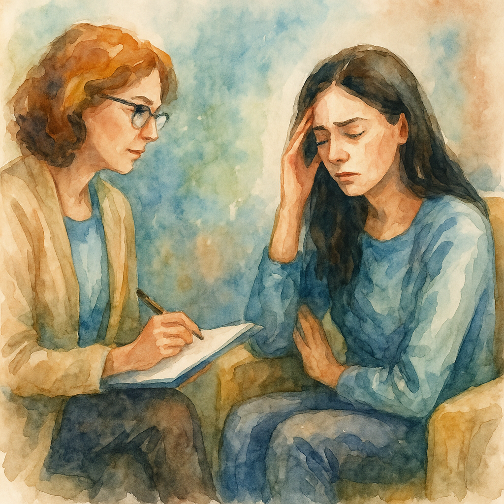 جلسه روان‌درمانی میان روانشناس شارجه و مراجعه‌کننده در فضای آرام و هنری با سبک آبرنگی