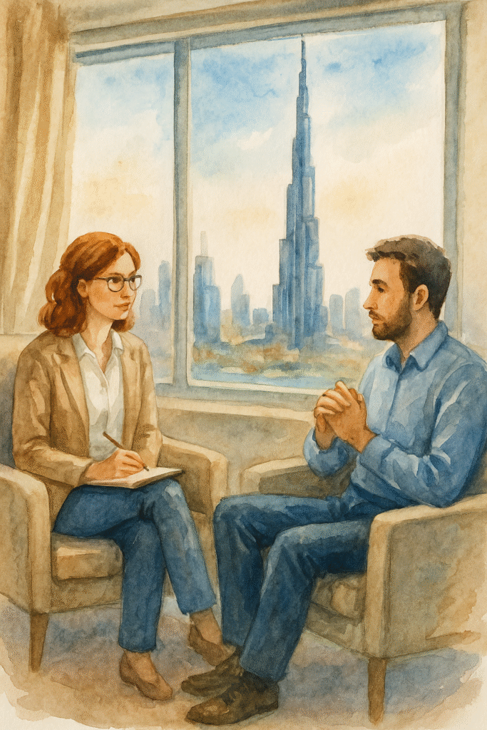 روانشناسی دبی / جلسه رواندرمانی با حضور مراجع و درمانگر با پس‌زمینه برج خلیفه در سبک آبرنگ دیجیتال