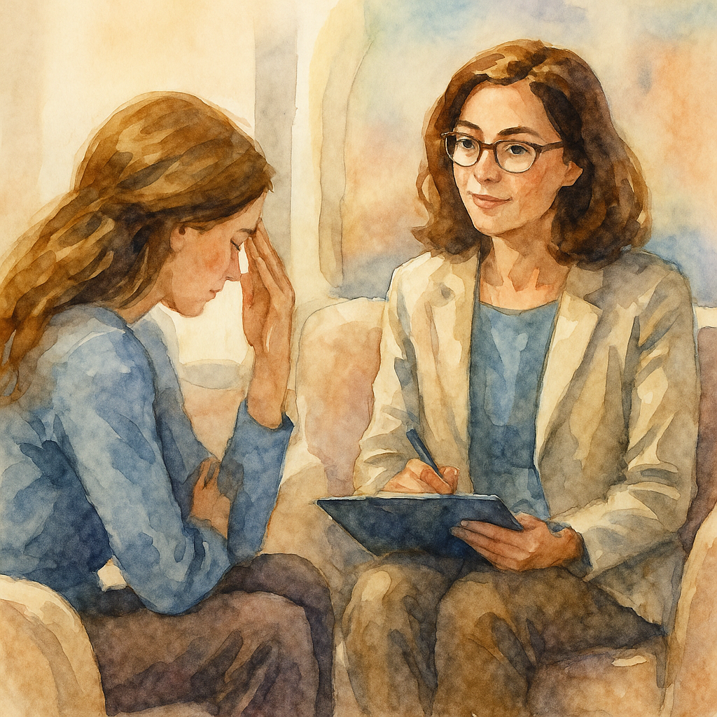 روانکاوی امارات / جلسه رواندرمانی با حضور یک درمانگر زن و مراجعهکننده زن در فضای آرام و هنری با سبک آبرنگ