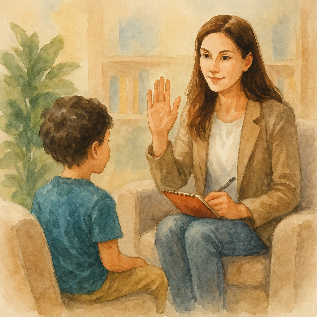 درمان اتیسم در دبی | نقاشی آبرنگی از جلسه گفتاردرمانی کودک اوتیستیک با حضور درمانگر با تجربه در یک محیط آرام و رنگ‌های ملایم