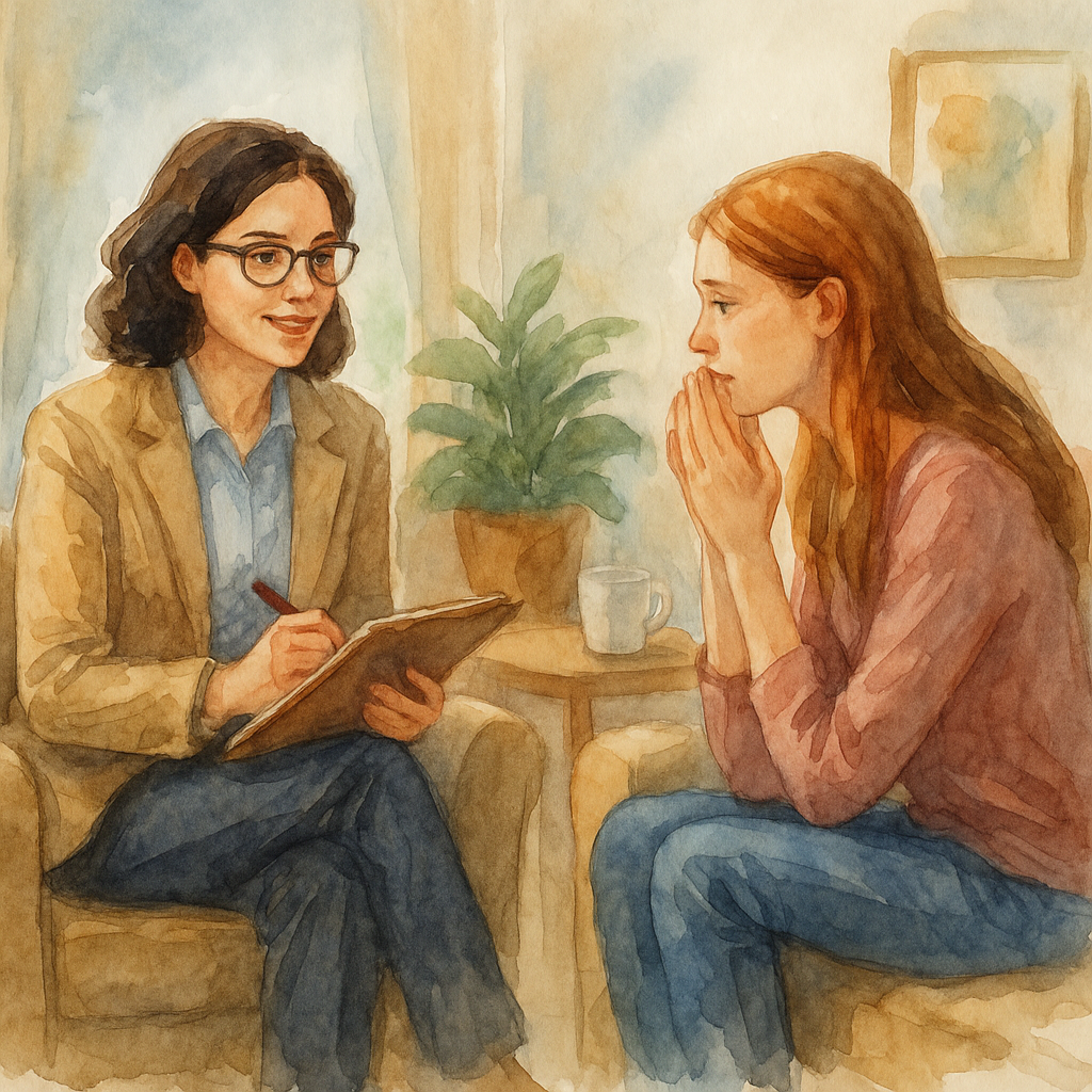 روانشناس ابوظبی | یک نقاشی آبرنگی از جلسه رواندرمانی در ابوظبی با حضور روانشناس و مراجع خانم ، در فضای آرام و مطب مجهز – موضوع: روانشناس ابوظبی