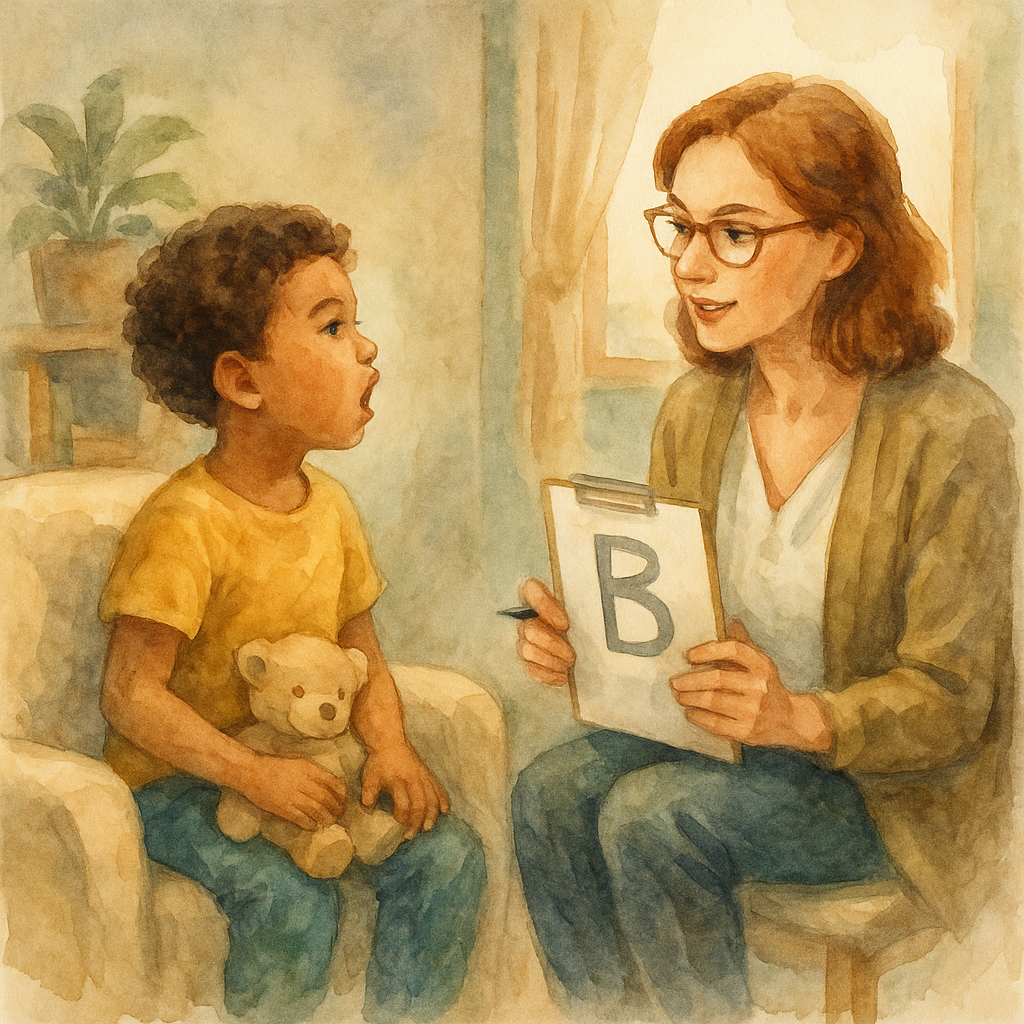 درمان تاخیر کلامی در دبی | تصویر آبرنگی از یک جلسه گفتاردرمانی کودک در دبی؛ کودک خردسال با تأخیر کلامی در حال تمرین با گفتاردرمانگر متخصص