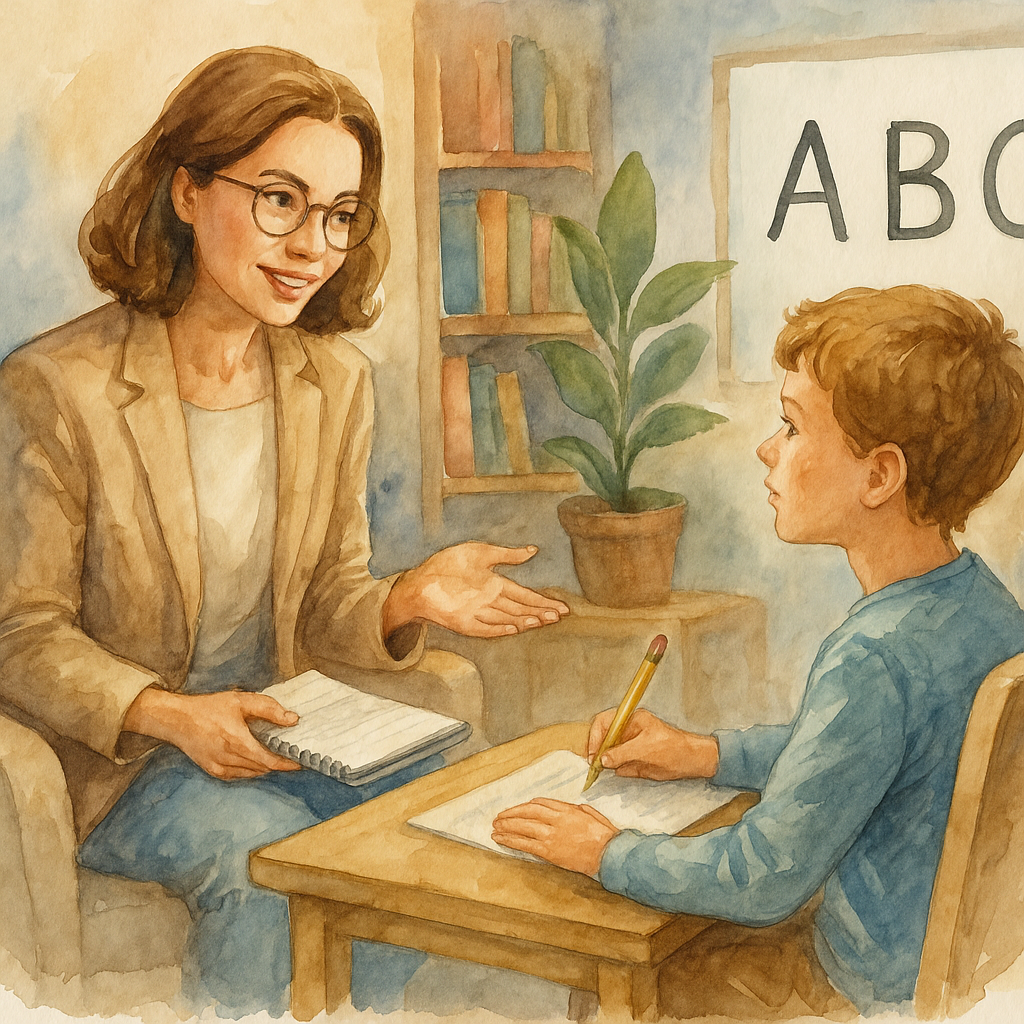 اختلال یادگیری در دبی |کودک در حال گفتوگو با گفتاردرمانگر در کلینیک دبی برای بررسی اختلال یادگیری