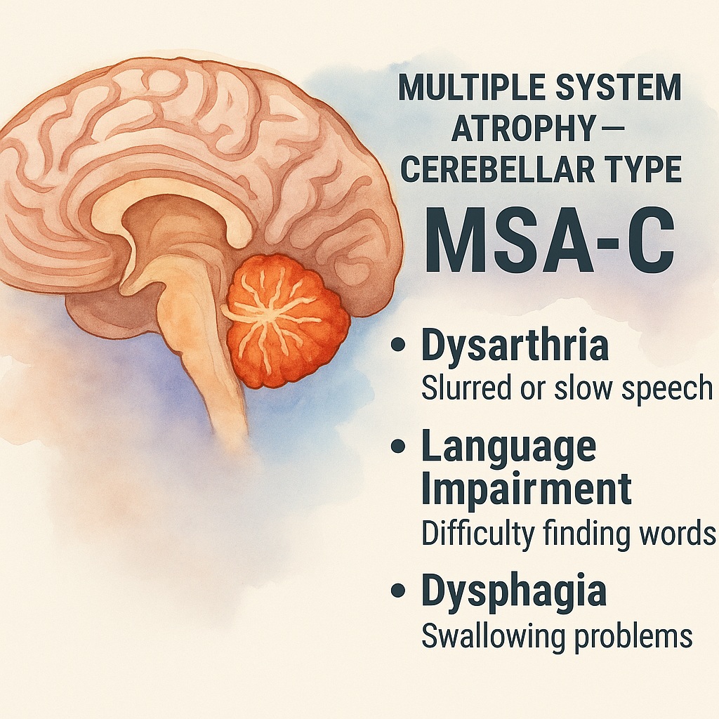 گفتاردرمانی در MSA-C/ تصویر آبرنگی مغز با تأکید بر مخچه درگیر در بیماری MSA-C و علائم مرتبط شامل دیزآرتری، اختلال زبان و دیسفاژی