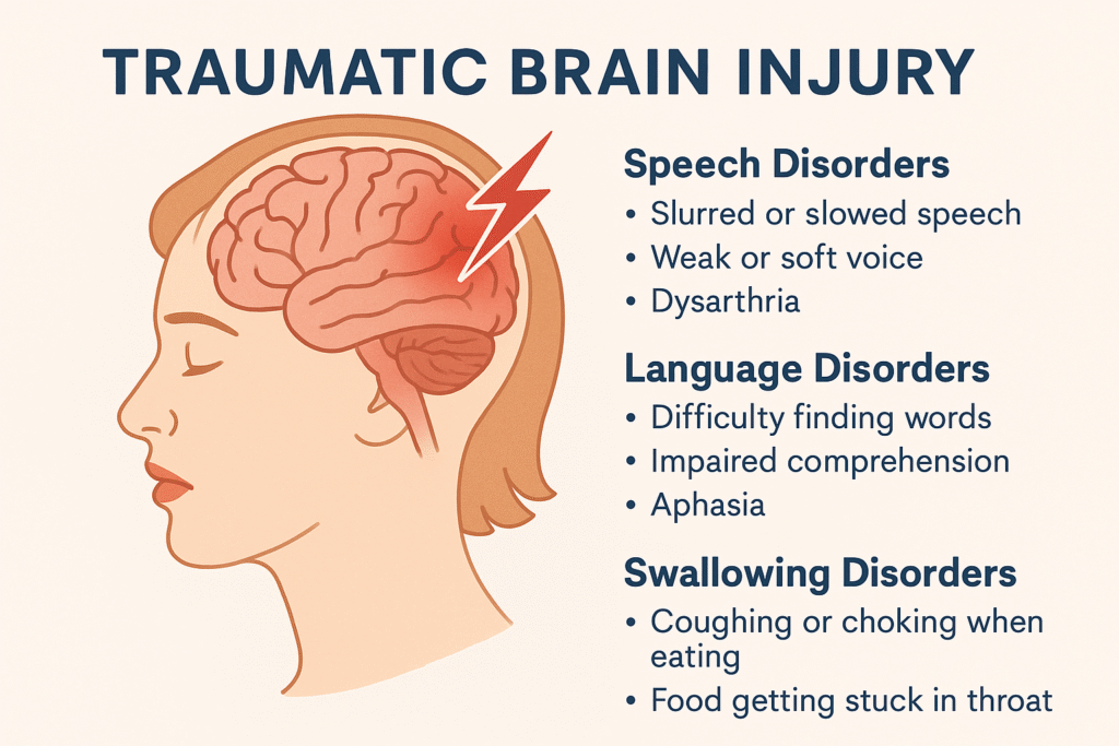 تصویر شماتیک مغز در آسیب تروماتیک مغز (TBI) با نمایش محل آسیب در نیمکره راست و فهرست اختلالات گفتاری، زبانی و بلع شامل دیزآرتری، آفازی و دیسفاژی