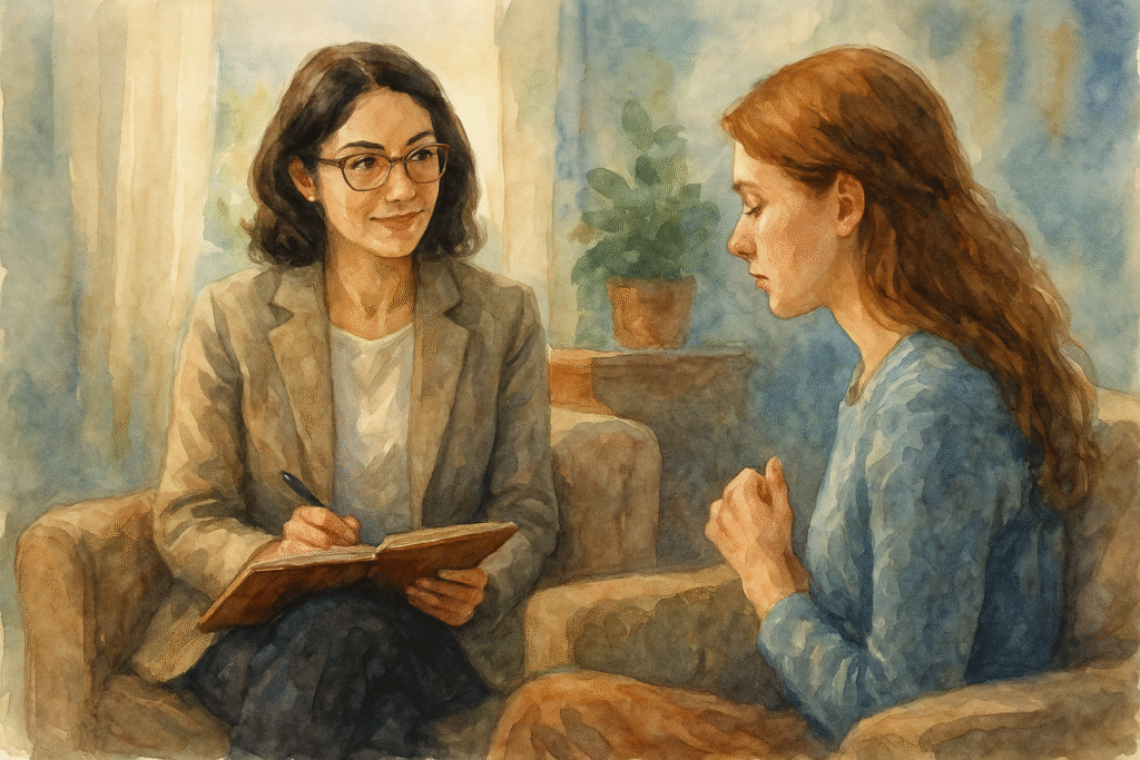 روانشناس العین | نقاشی آبرنگی از یک جلسه رواندرمانی بین روانشناس زن و مراجع خانم در شهر العین امارات، در فضایی آرام و درمانمحور