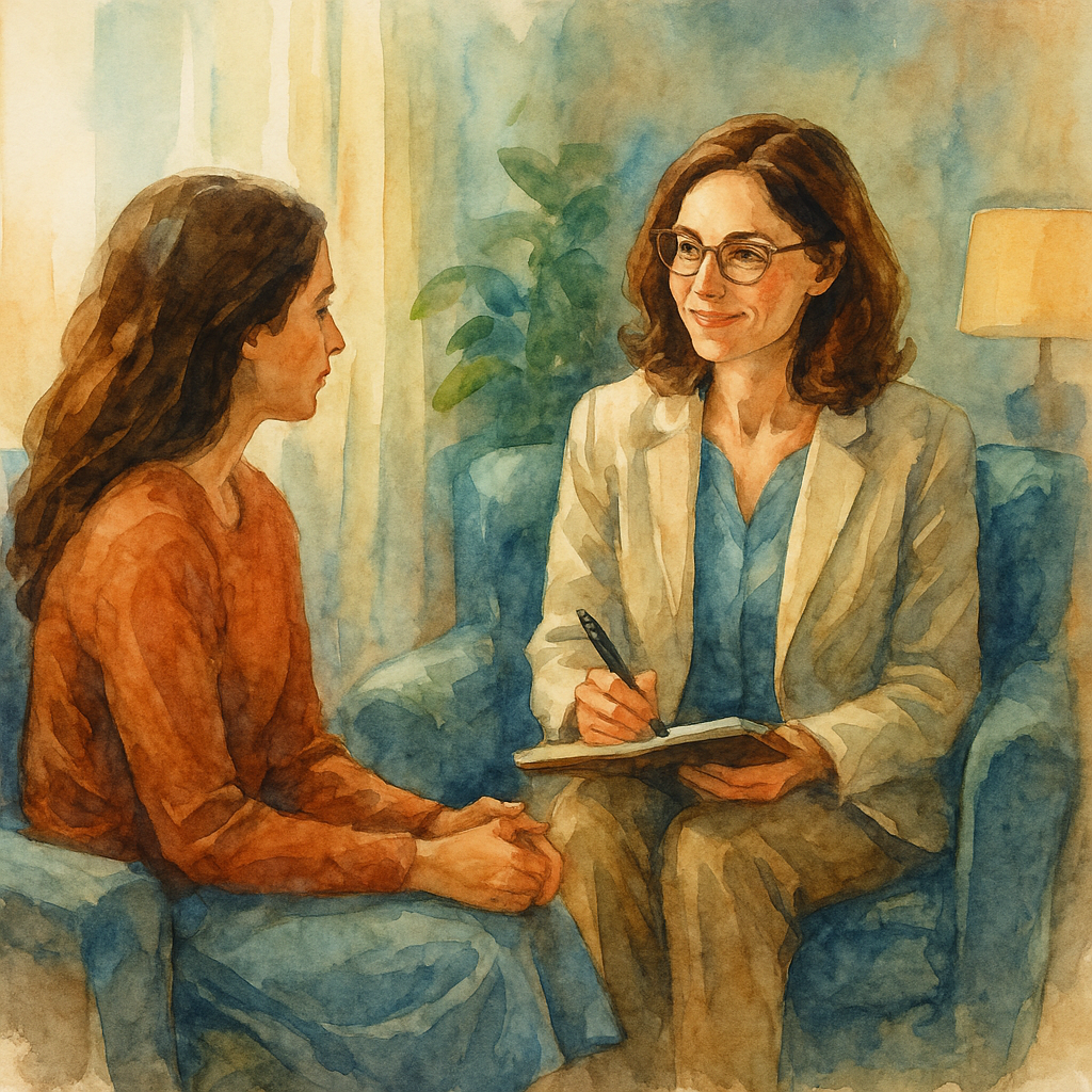 روانکاوی عجمان، تصویر آبرنگی از یک جلسه روانکاوی در عجمان؛ حضور یک روانشناس خانم و مراجع در فضایی آرام و گرم