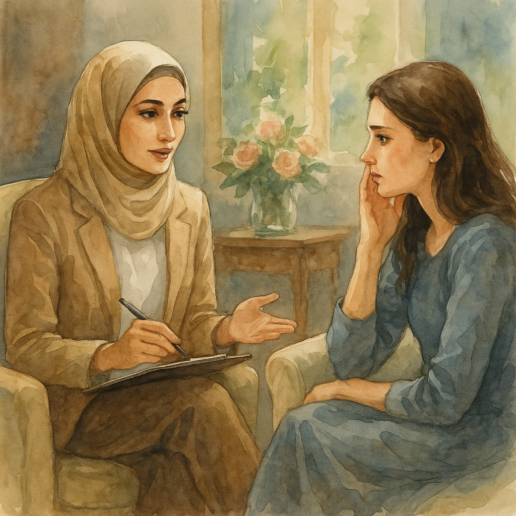 روانشناس عجمان |تصویر آبرنگی از یک جلسه مشاوره بین روانشناس و مراجع در شهر عجمان، با فضایی آرام و نور ملایم