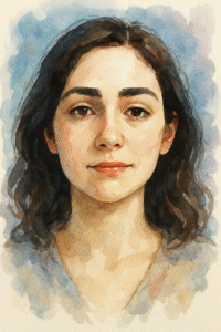 پرتره آبرنگی از زن جوان با عدم تقارن عضلات صورت در افراد سالم - مناسب برای مقاله گفتاردرمانی