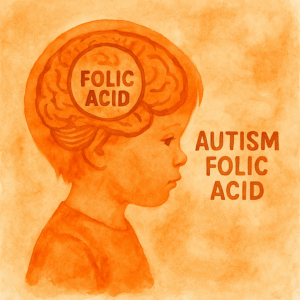 تصویر آبرنگی نارنجی از مغز کودک اتیستیک که نقش لوکوورین در درمان اتیسم و عملکرد فولات در مغز را نشان میدهد.