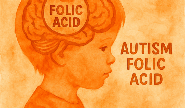 تصویر آبرنگی نارنجی از مغز کودک اتیستیک که نقش لوکوورین در درمان اتیسم و عملکرد فولات در مغز را نشان می‌دهد.