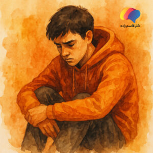 افسردگی در نوجوانان|نوجوانی با حالت افسرده در تصویر آبرنگی با تم نارنجی نشسته و با چهرهای غمگین به پایین نگاه میکند؛ نماد افسردگی نوجوانان.