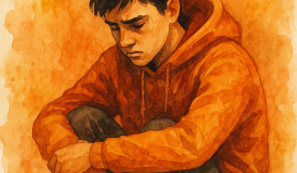 افسردگی در نوجوانان|نوجوانی با حالت افسرده در تصویر آبرنگی با تم نارنجی نشسته و با چهره‌ای غمگین به پایین نگاه می‌کند؛ نماد افسردگی نوجوانان.